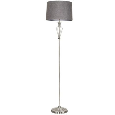 A beautiful satin nickel floor lamp complete with an oatmeal fabric shade.